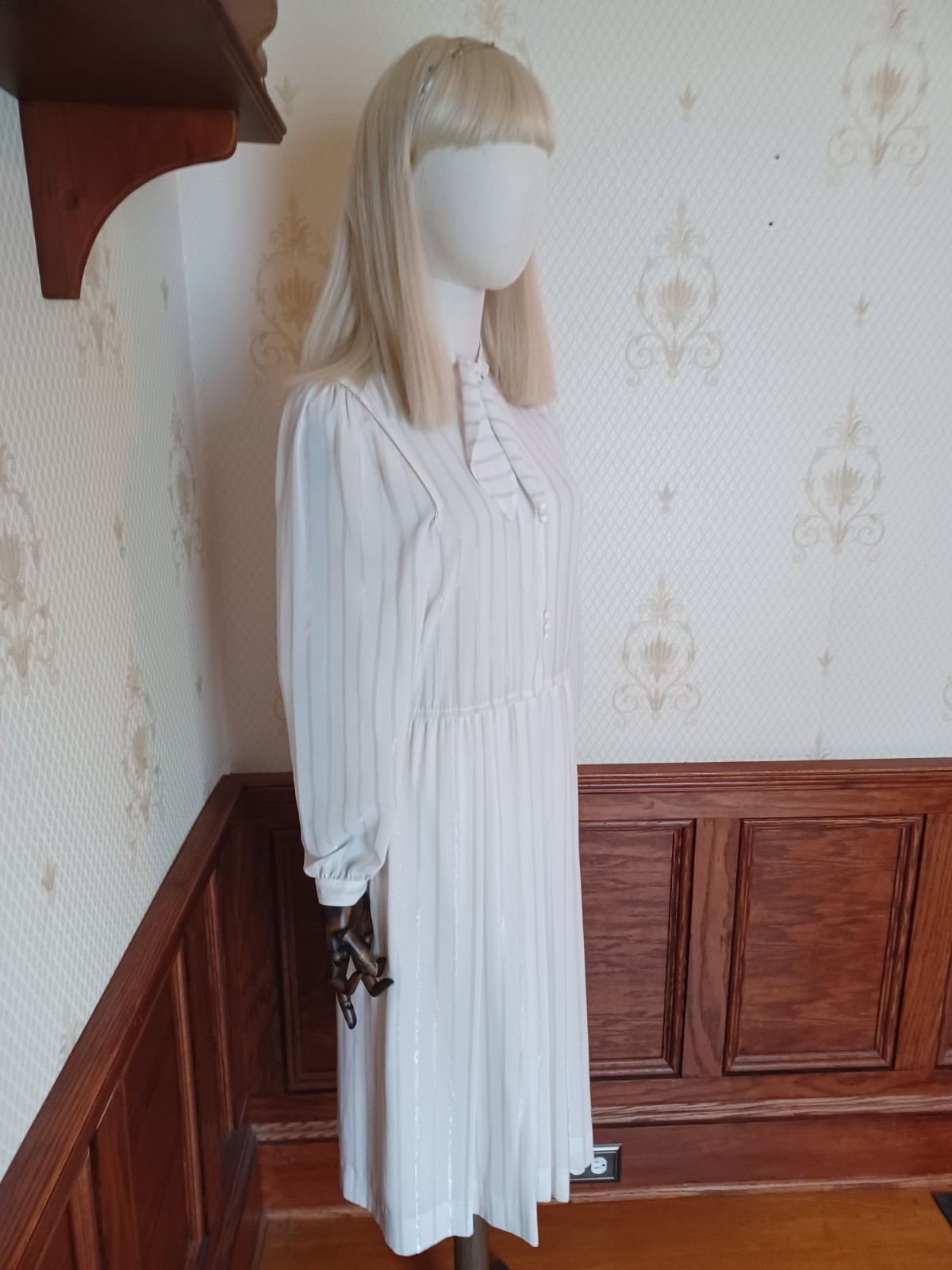 Vintage 70s/80s White Pussybow Semi-Sheer Dress with Gold and Silver Accents