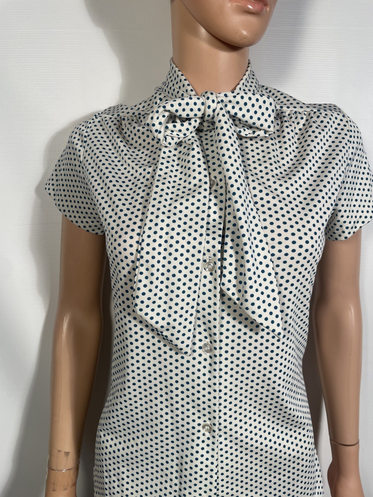 Vintage 1970’s Blue Polka Dot Blouse With Collar Tie Size S