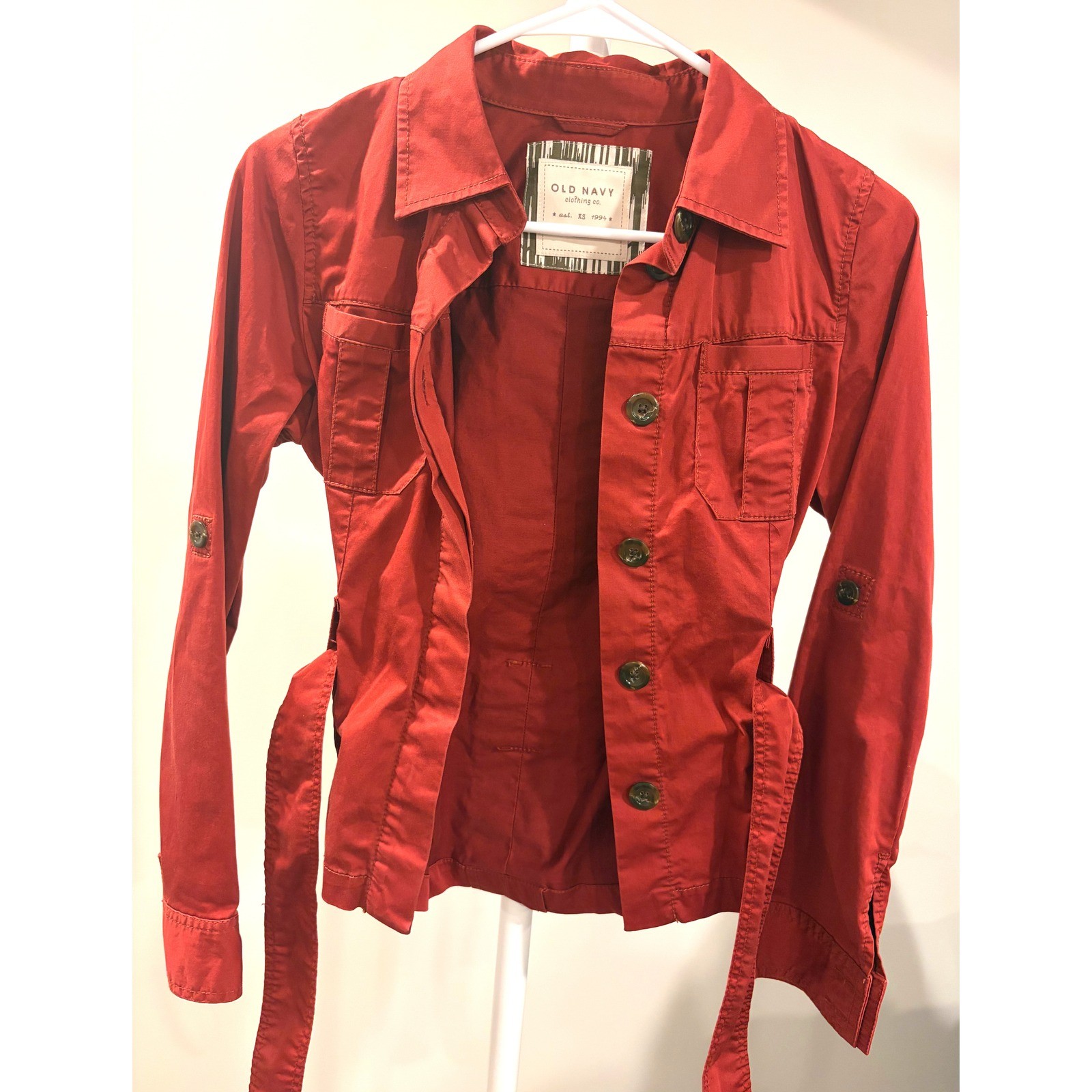 Vintage Y2K Red Belted Utility Field Jacket Roll Tab Sleeve Stretch XS
