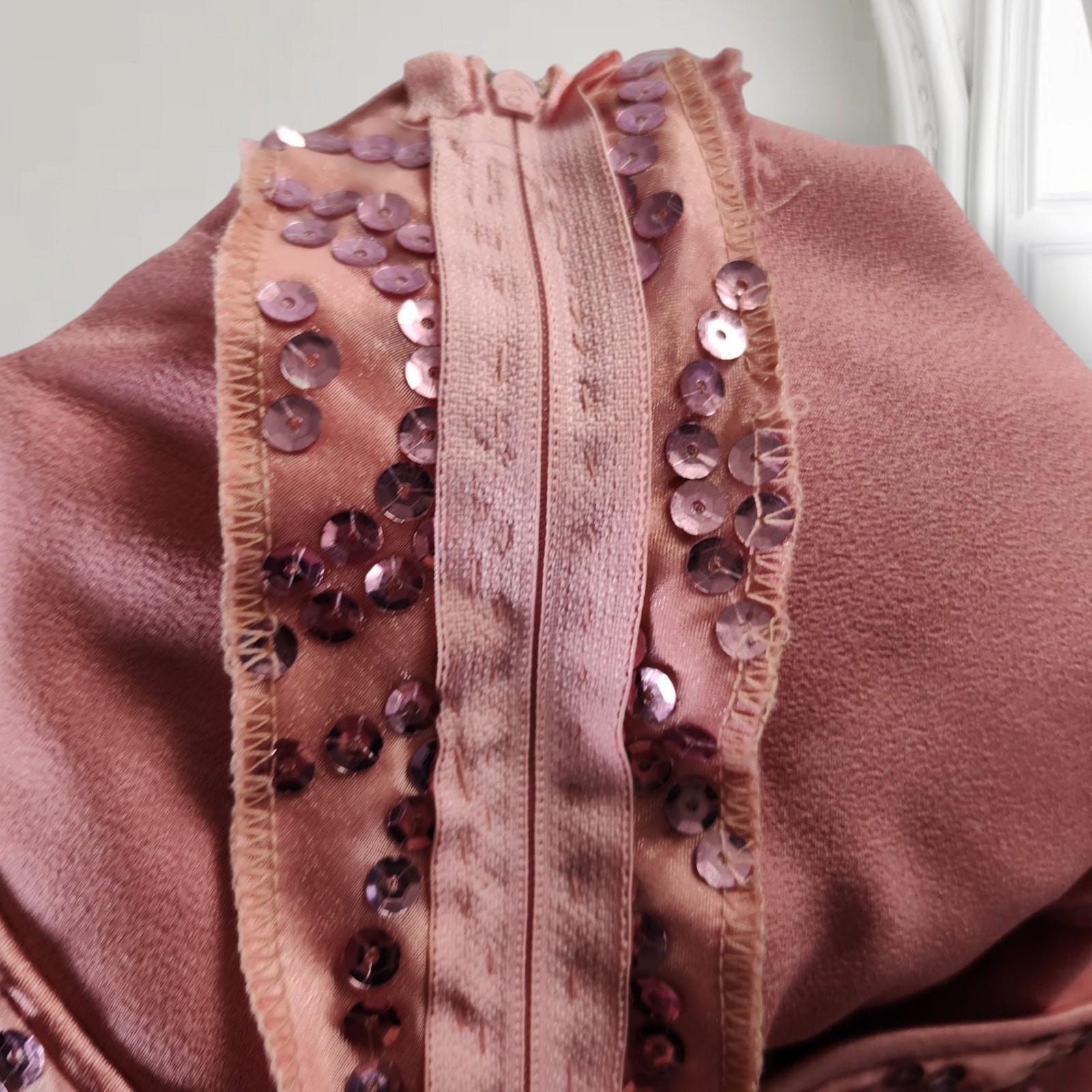 Vintage 80s Pink Sequin Formal Dress Size 12 Puff Sleeve Basque Waist