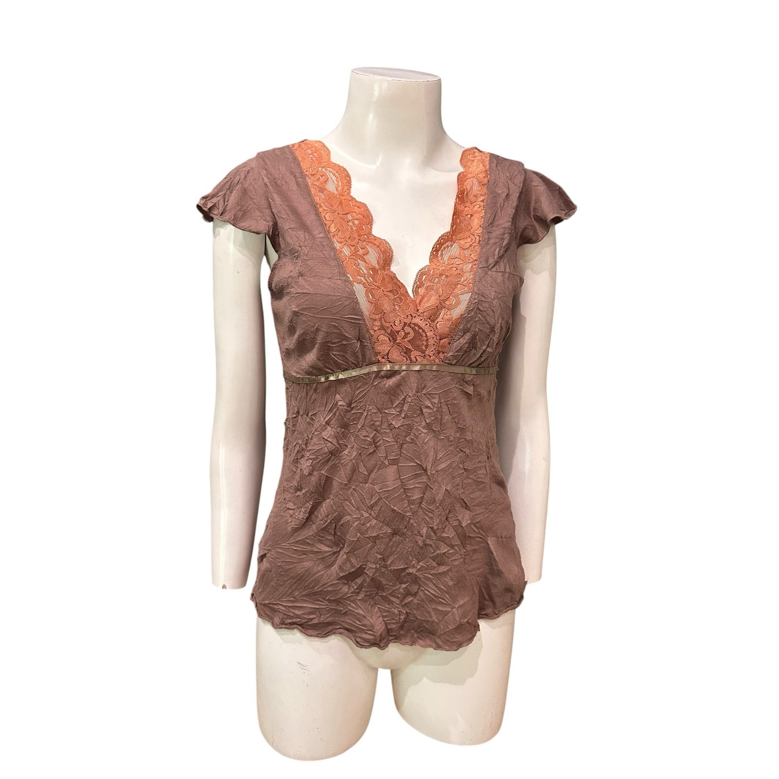 Y2K Crinkle Lace Tie Back Top Small Brown Boho Fairy Grunge Blouse ^