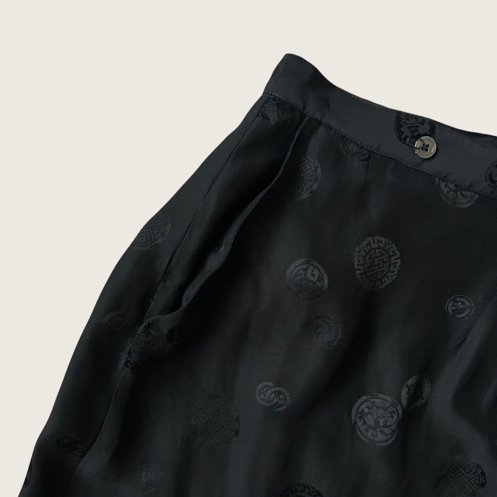 Vintage DBA Black Silk Embossed Pattern Midi Skirt Button Front Asian Inspired