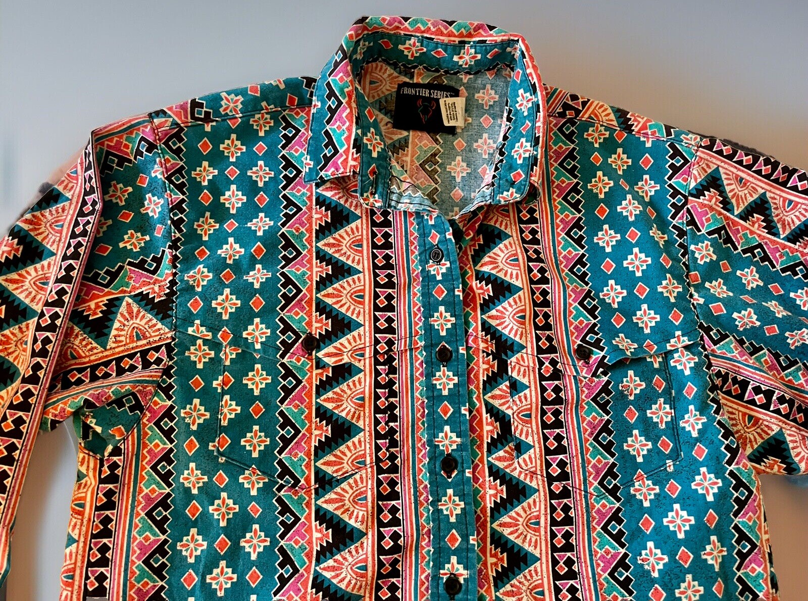 Western Shirt FRONTIER SERIES Womens M Southwestern Coral Turquoise Vintage