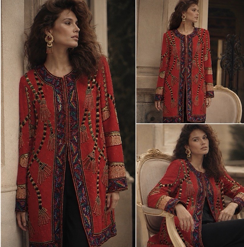 Vintage I. Magnin 100% Silk Red Beaded Sequin Evening Jacket India Size S