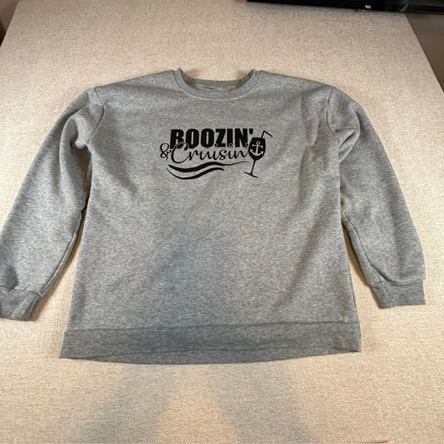 Boozin’ & Cruisin’ Heather Gray Pullover Crewneck Sweatshirt LG Cruise Vacation