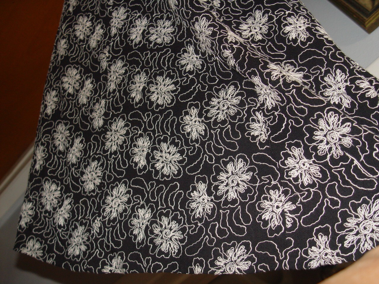 Vintage Tea / Midi Dress Black w/All Over White Floral Embroidery Gorgeous