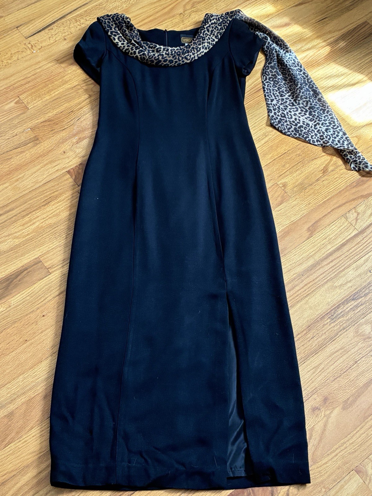 Vintage Virgo II Black Maxi Dress Size 6 Leopard Scarf Made in USA