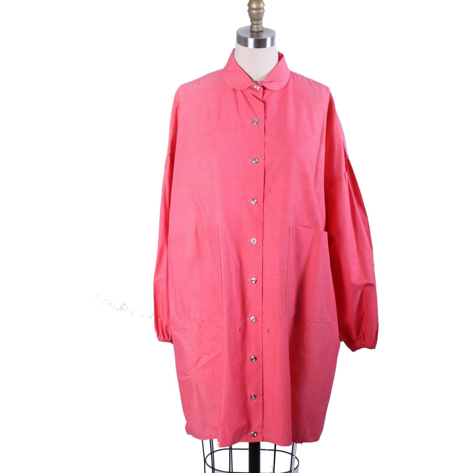 VTG 70s Marimekko Cotton Tunic Blouson Pink Orange Dot Print Silver Buttons S