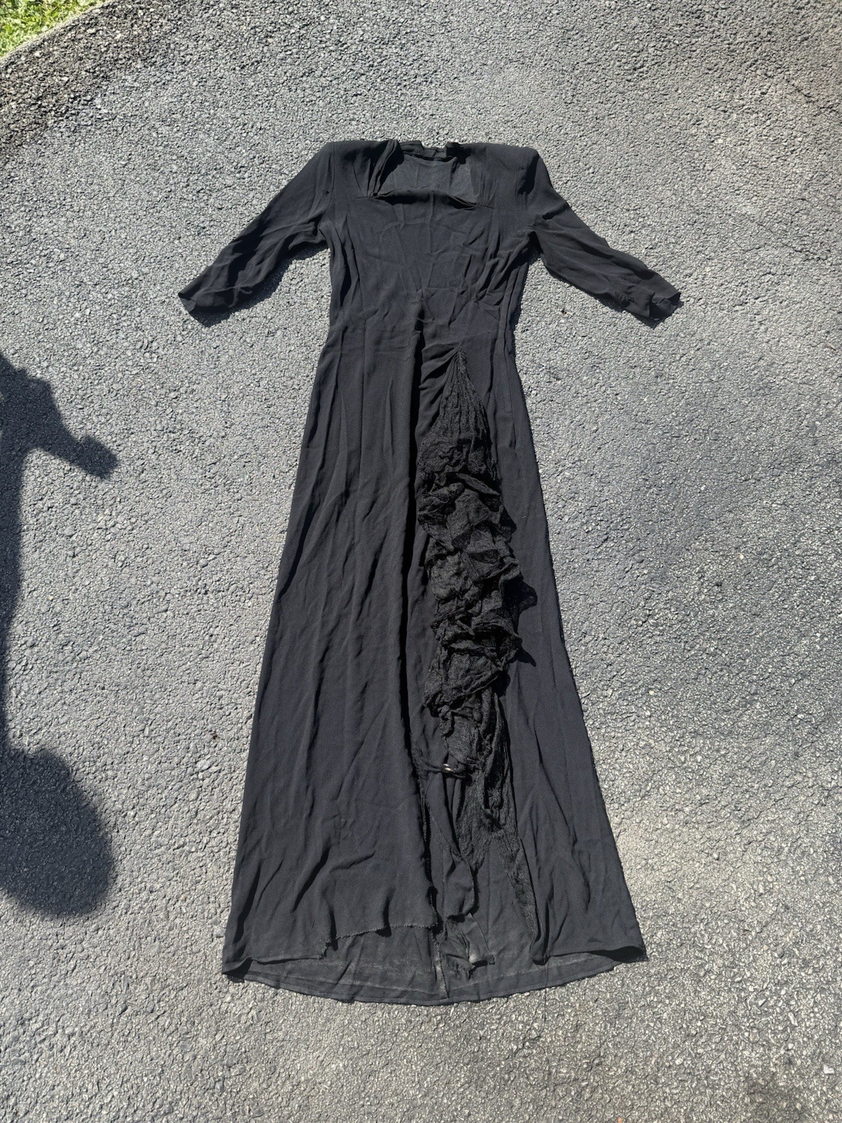 Vintage 1940s Black Rayon Crepe Evening Gown Chantilly Lace Ruffle Cascade M