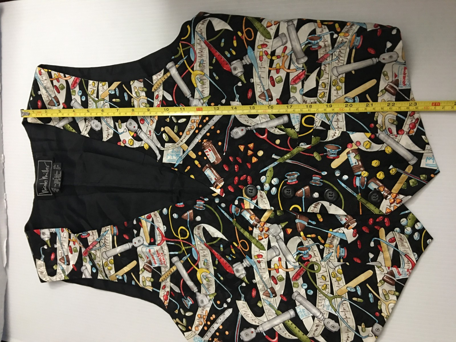 Vintage 90s Nicole Miller Novelty Doctor Medical Print Vest Silk M
