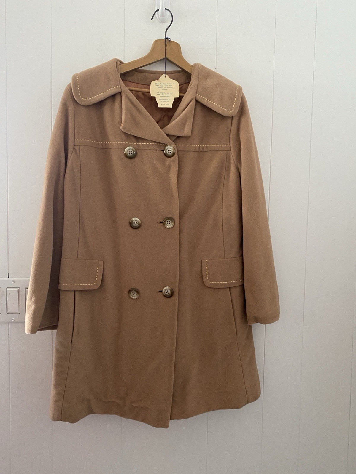 Vtg 1960s 1970s Camel Tan Wool Blend Peacoat Jacket Contrast Stitching ILGWU 16
