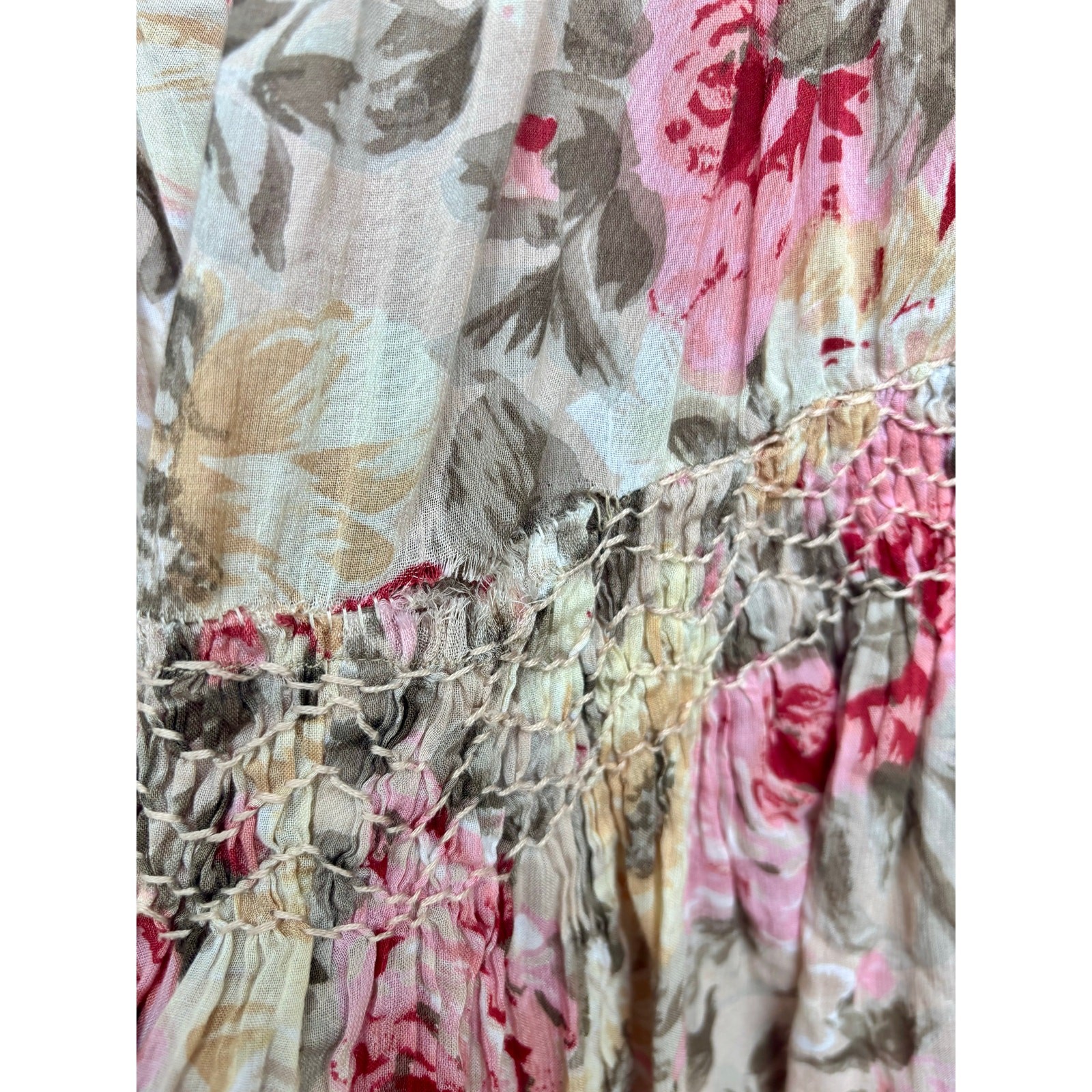 Vintage 1980s Passports Pier 1 Floral Skirt Pink Brown Rayon Cotton Boho Tiers