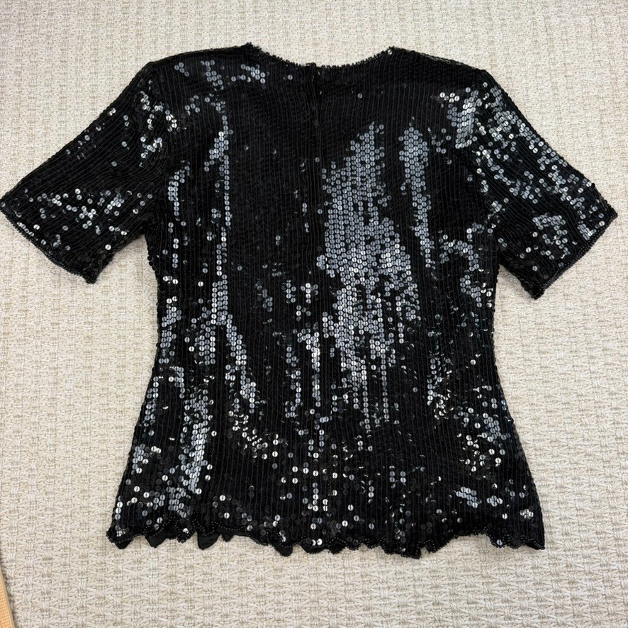 VTG Stenay Women Silk Sequin Top M Black Floral Beaded Party Glam