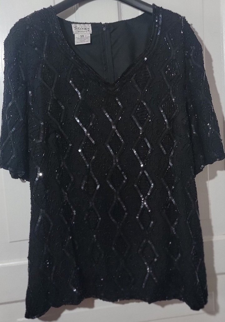 Elegant 80s VTG Hand Beaded Sequined Silk Stenay Woman 3X Cocktail Top Blouse