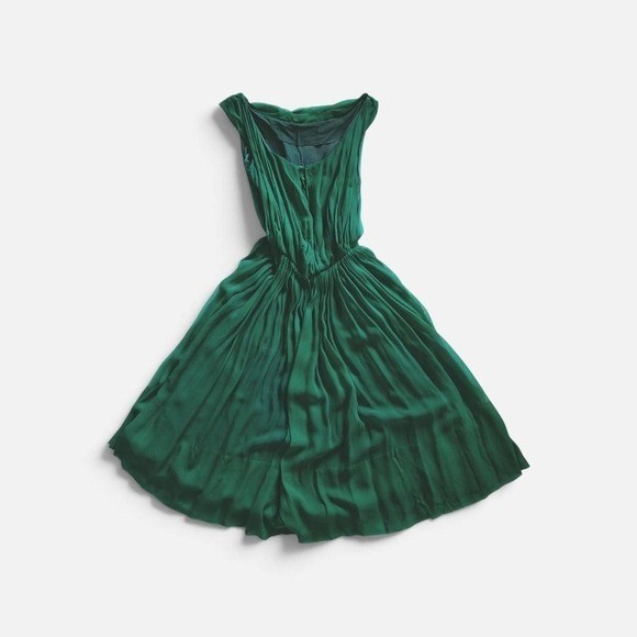 Vintage 50s Emerald Green Chiffon Party Dress XS 2 / 4