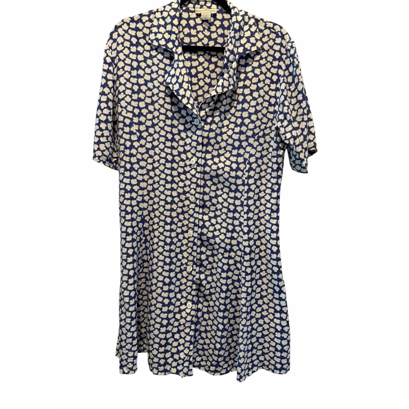 Vintage Banana Republic Blue White Clover Print Rayon Dress 90s Size L Fits M