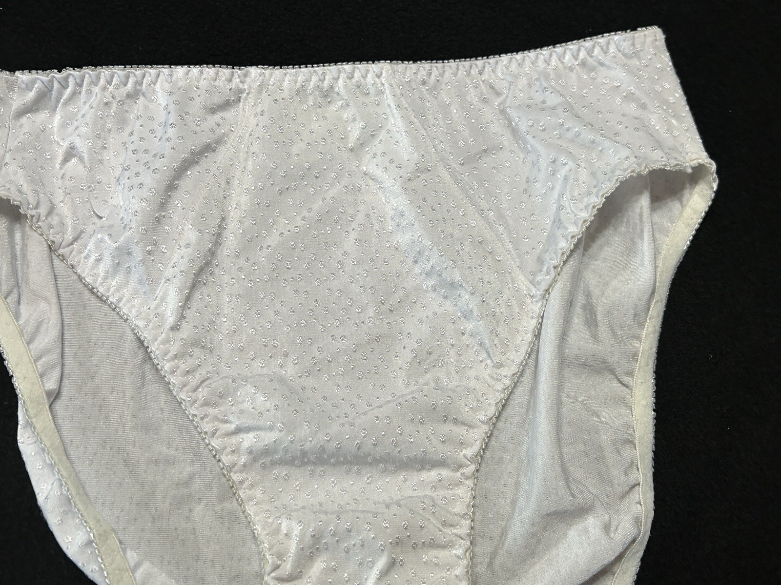 Vtg UNBRANDED Satin Embroidered Dots Hi-Leg Sz 8 White Panties #380