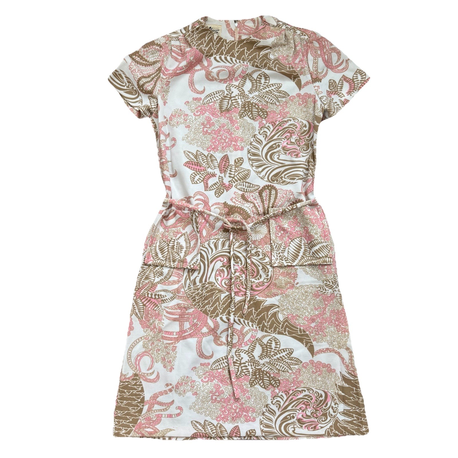 Vintage 60s Herman Marcus Sheath Dress Womens Medium Pink Floral Mod Preppy
