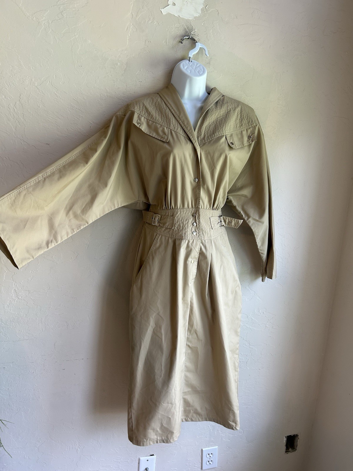 Vintage 80s Khaki Trench Midi Shirt Dress 10 Equestrian Old Money Minimalist