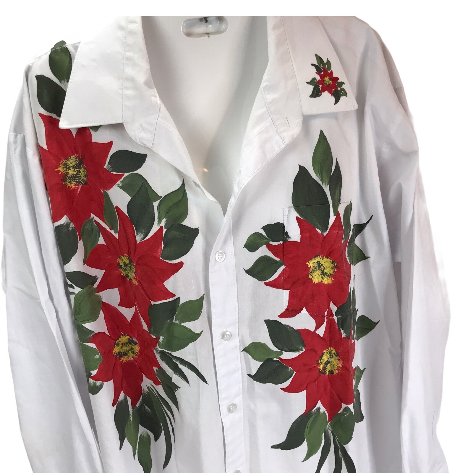 Vintage Hand Painted Christmas Blouse XL Rene De France Poinsettias Art To Wear