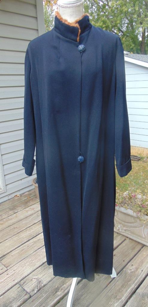 1920S BLUE ART DECO COAT SIDE STITCHING & PLEATS MED/LG CELLULOID BUTTONS