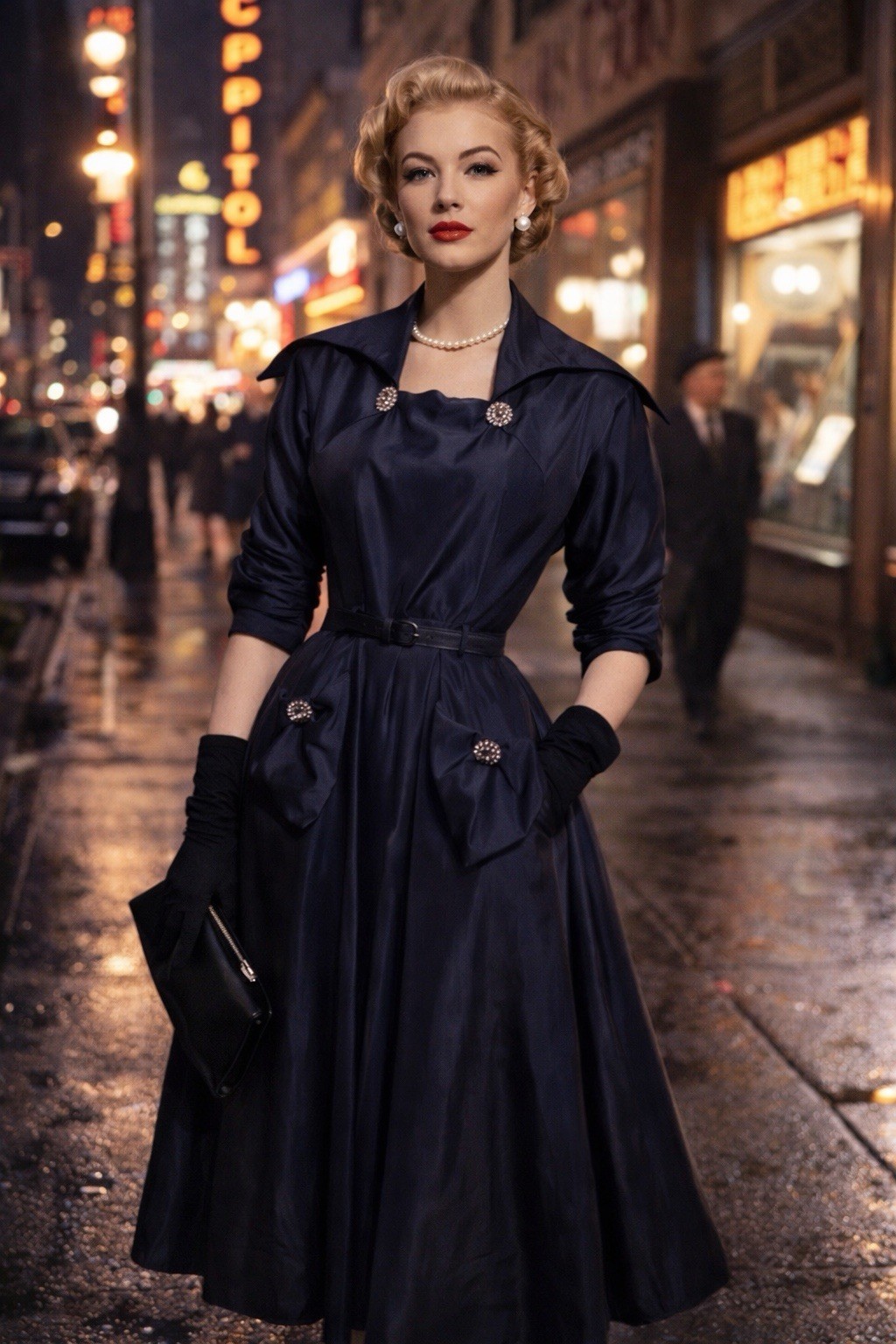 Vintage Lora Lenox Dress Navy Blue Taffeta Cocktail Formal Midi Women’s S