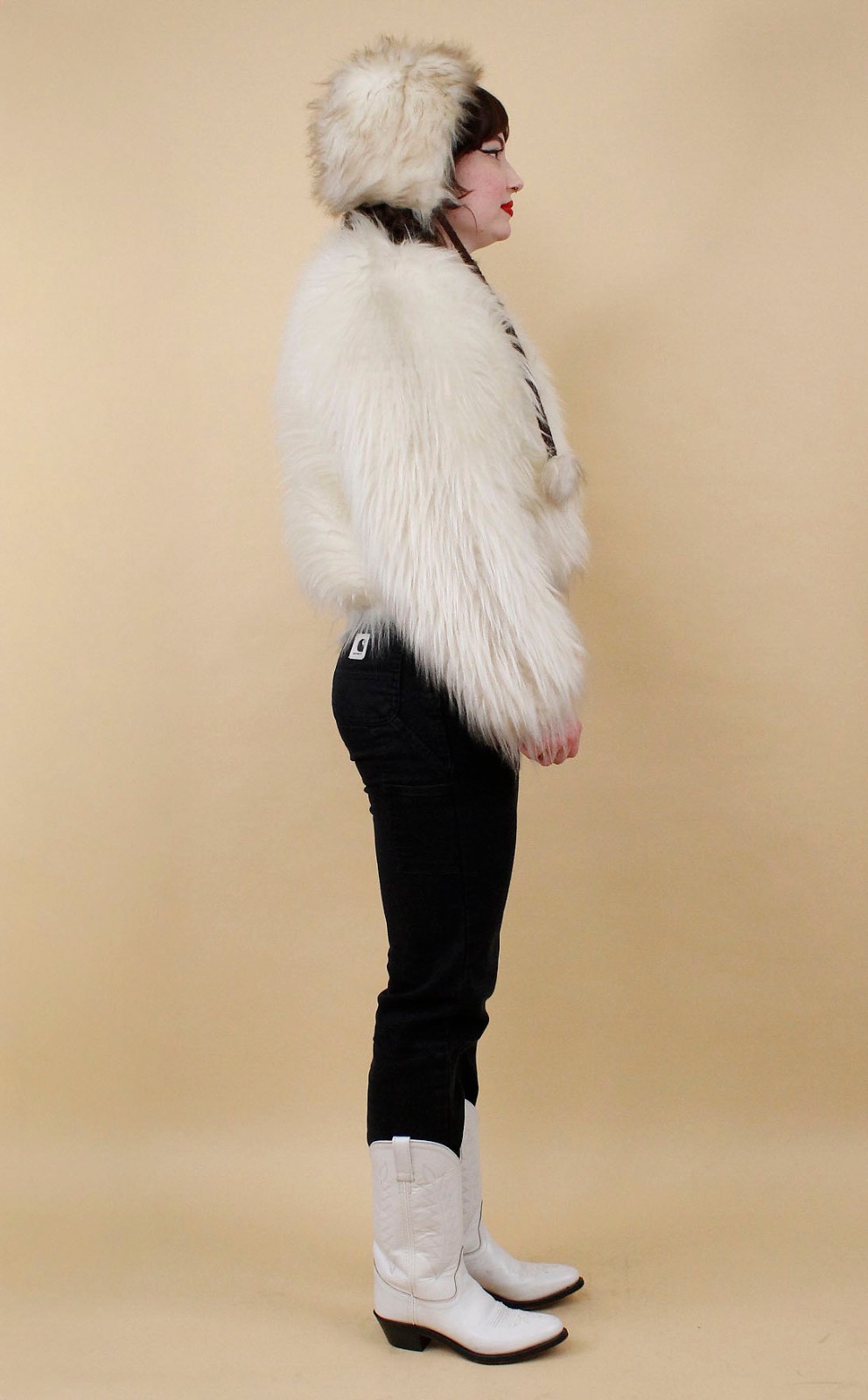 60s 70s Vtg Shaggy Faux Fur White Zip Up Crop Jacket Coat Mod Rocker Glam B34″