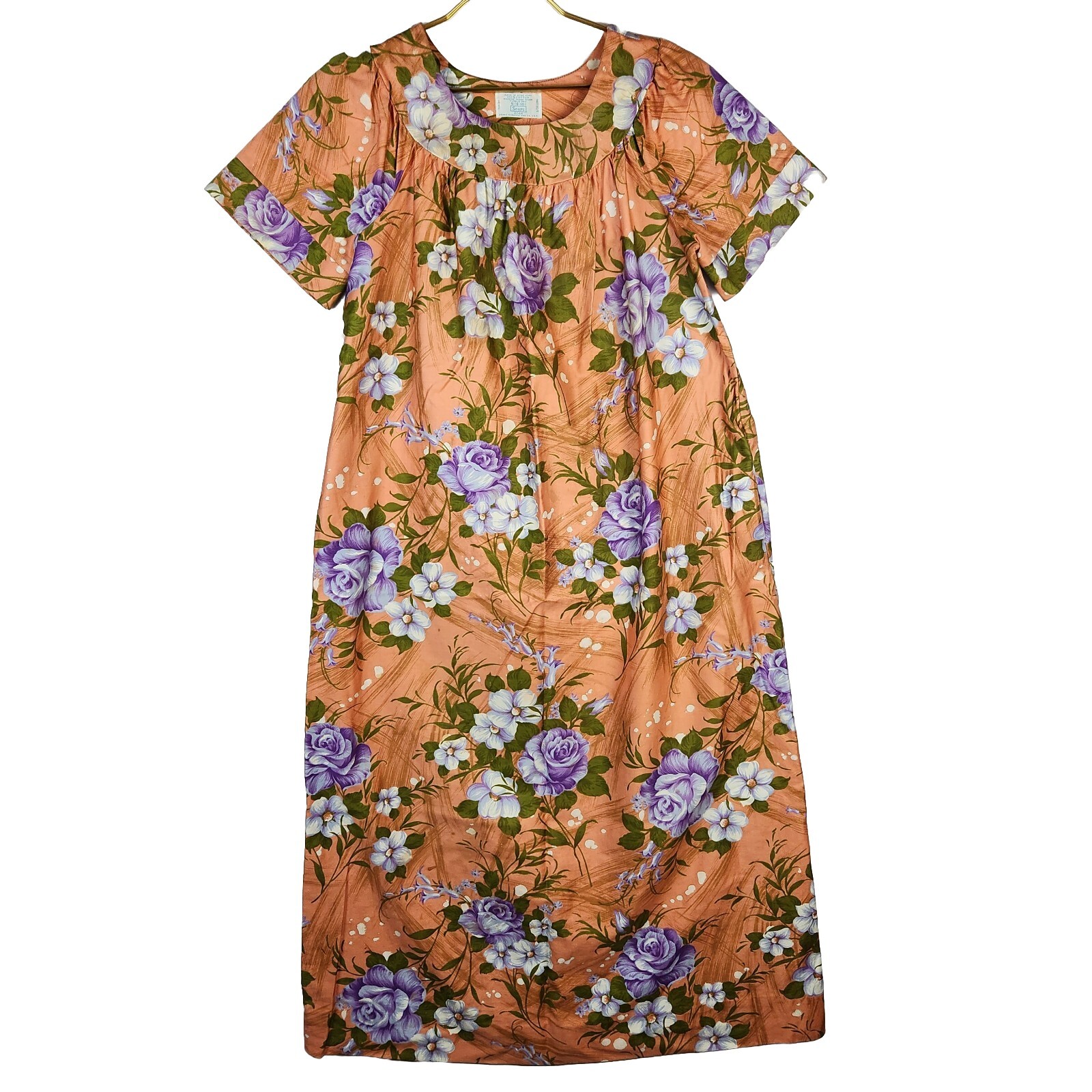 VTG 1960s Sears Womens Size Small Orange Floral Below The Knee House Dress Gown