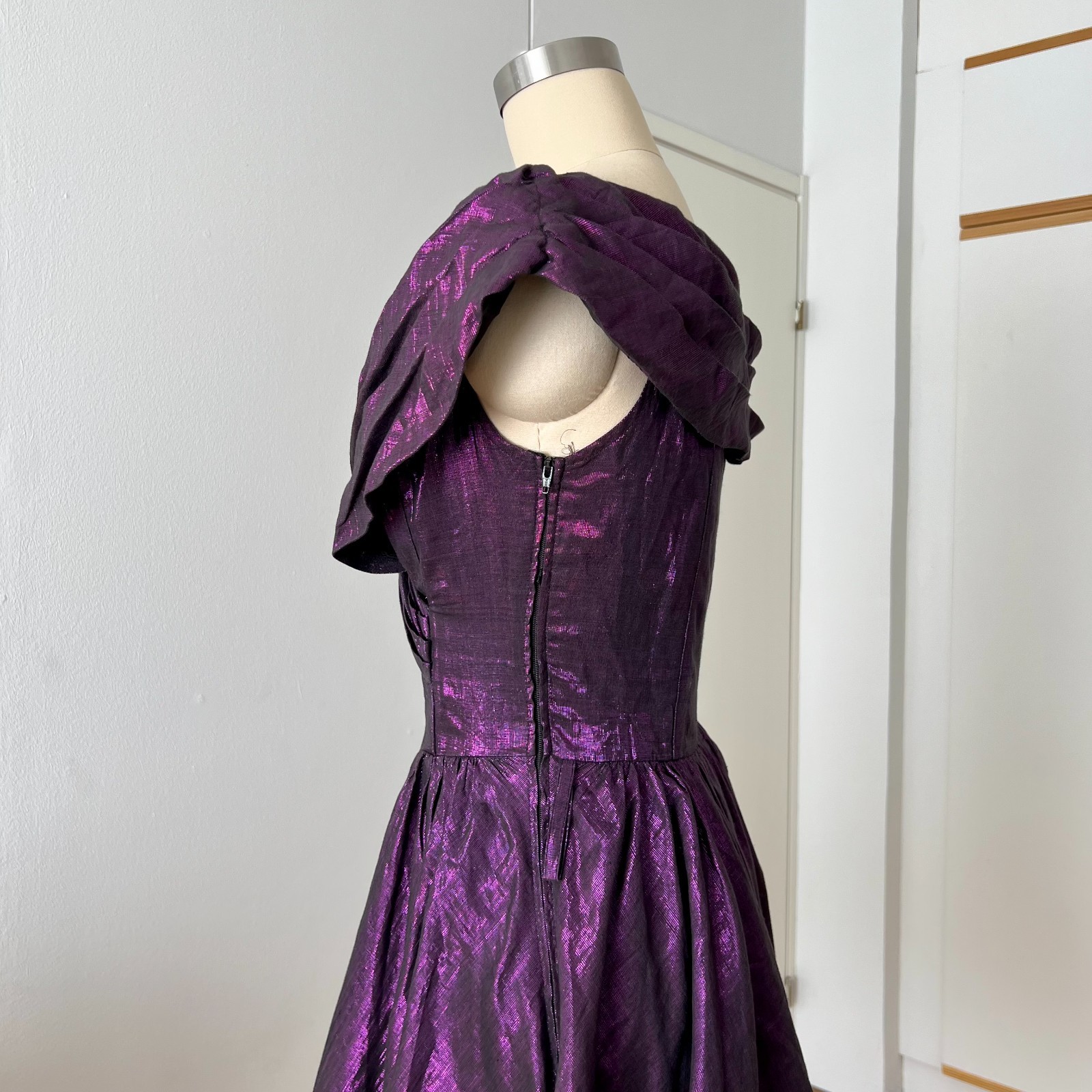 1980s Purple Off Shoulder Cocktail Party Dress Cotton Blend Aline Midi Retro 36