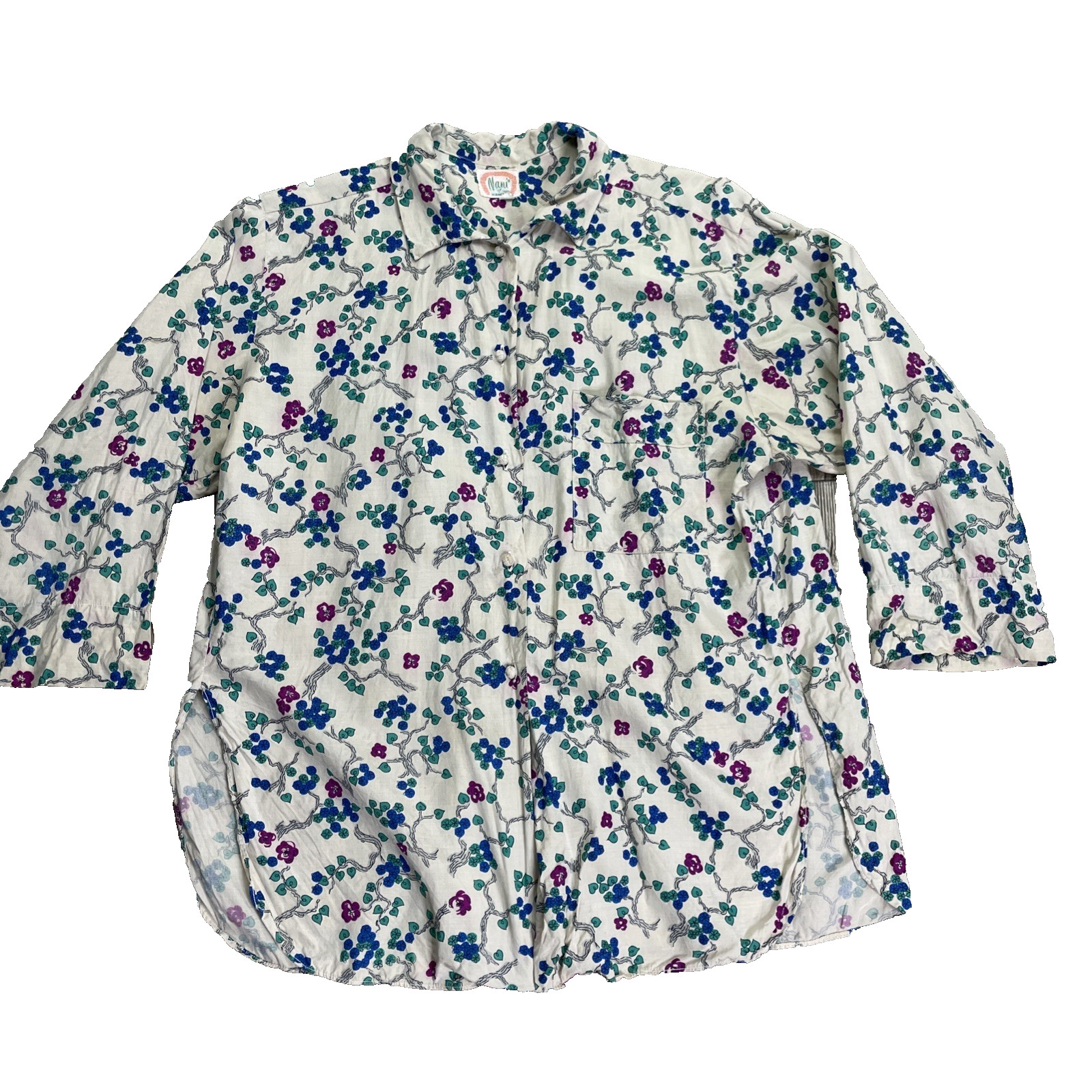 Vtg 40’s Nani of Hawaii Pure Silk Blouse Knot Button Floral 3/4 Sleeve Medium