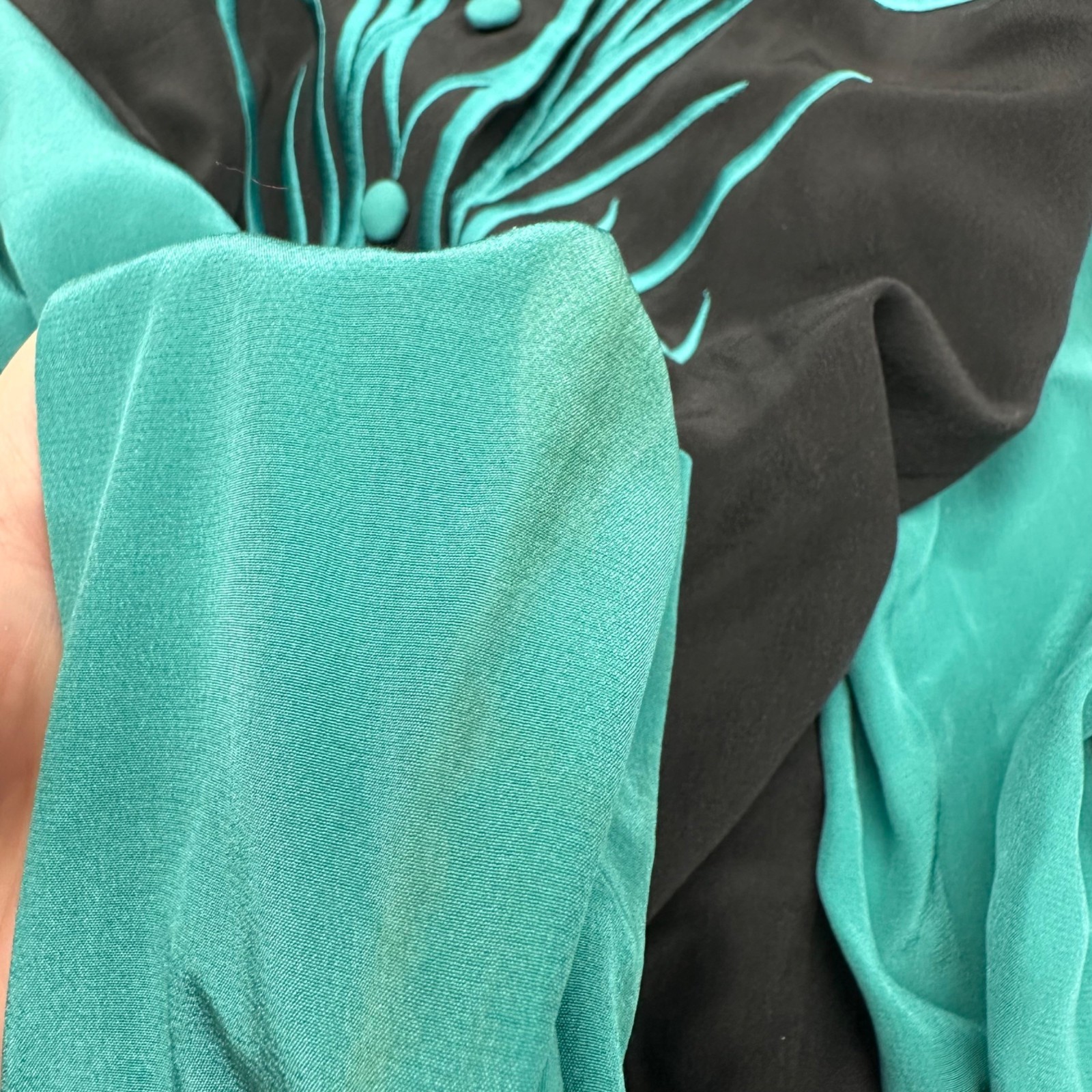 Vintage Bob Mackie Wearable Art Shirt Silk Western 90s Blouse Teal Black 1X READ