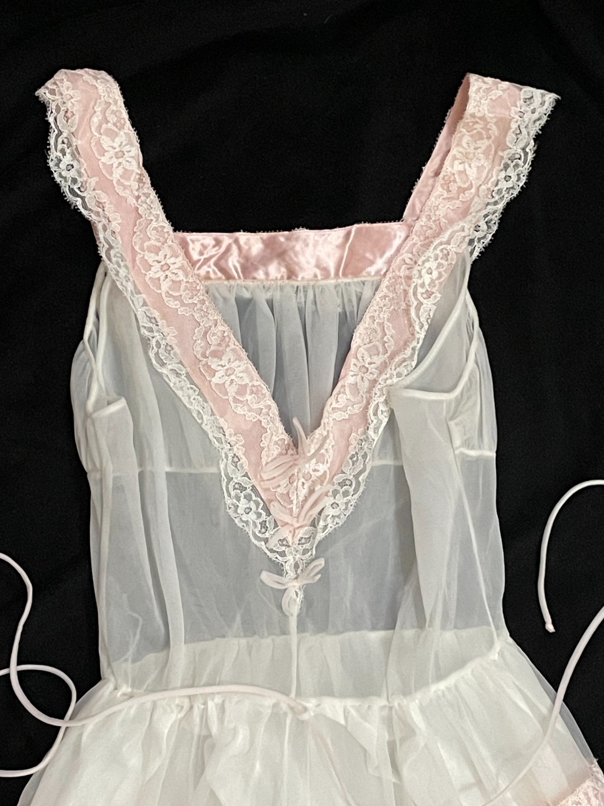 Vtg Double CHIFFON & Nylon NIGHTGOWN Dress FLORAL Lace White Pink Ribbon Eye-ful