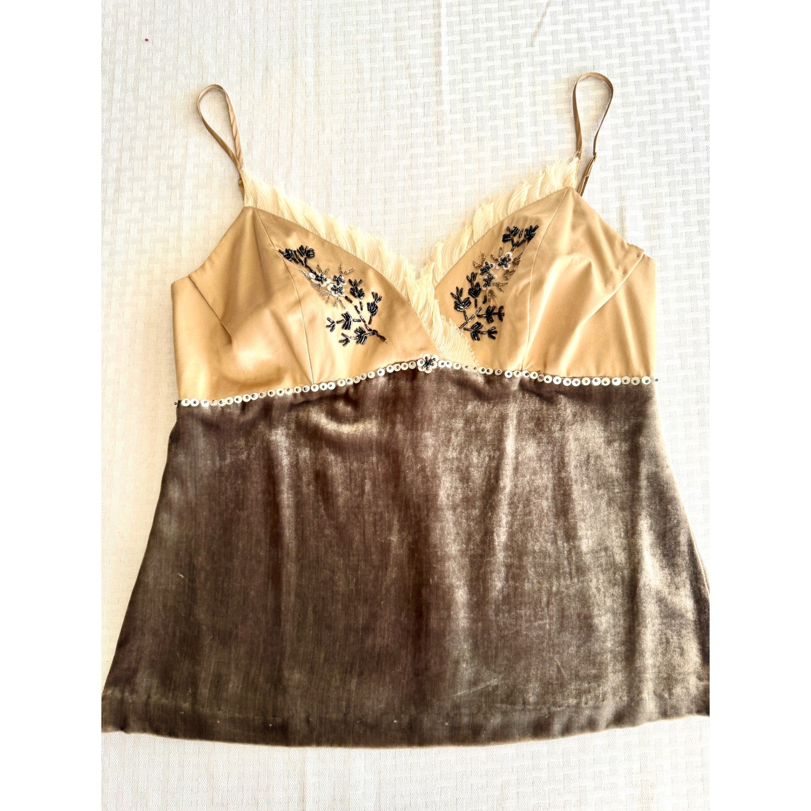 Intuitions Vintage 90s Silk Velvet Beaded Camisole Top Champagne Olive Size 6