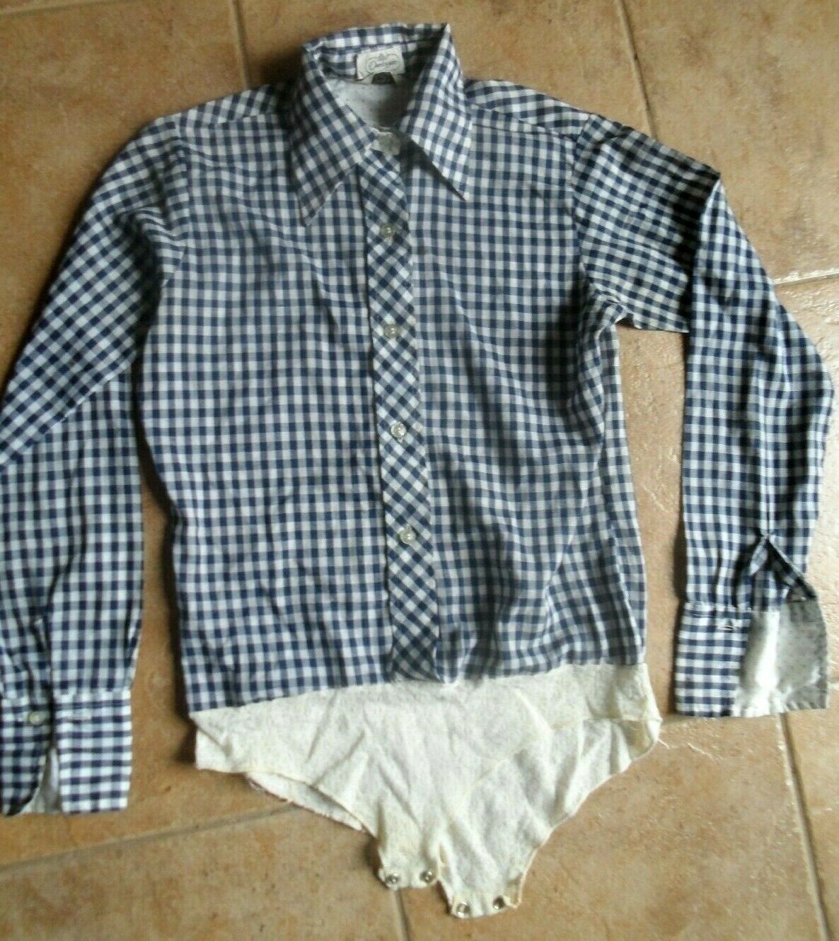 Dunloggin VTG shirt body suit 70s blue check 9/10 snap crotch long sleeve button