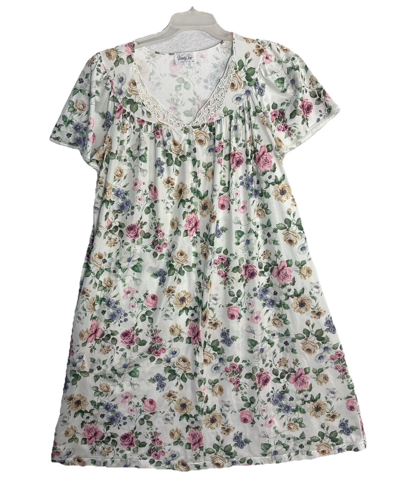 VTG Cottagecore Floral Maxi Nightgown Sz M Satin Lace Details S/S Pocket Button