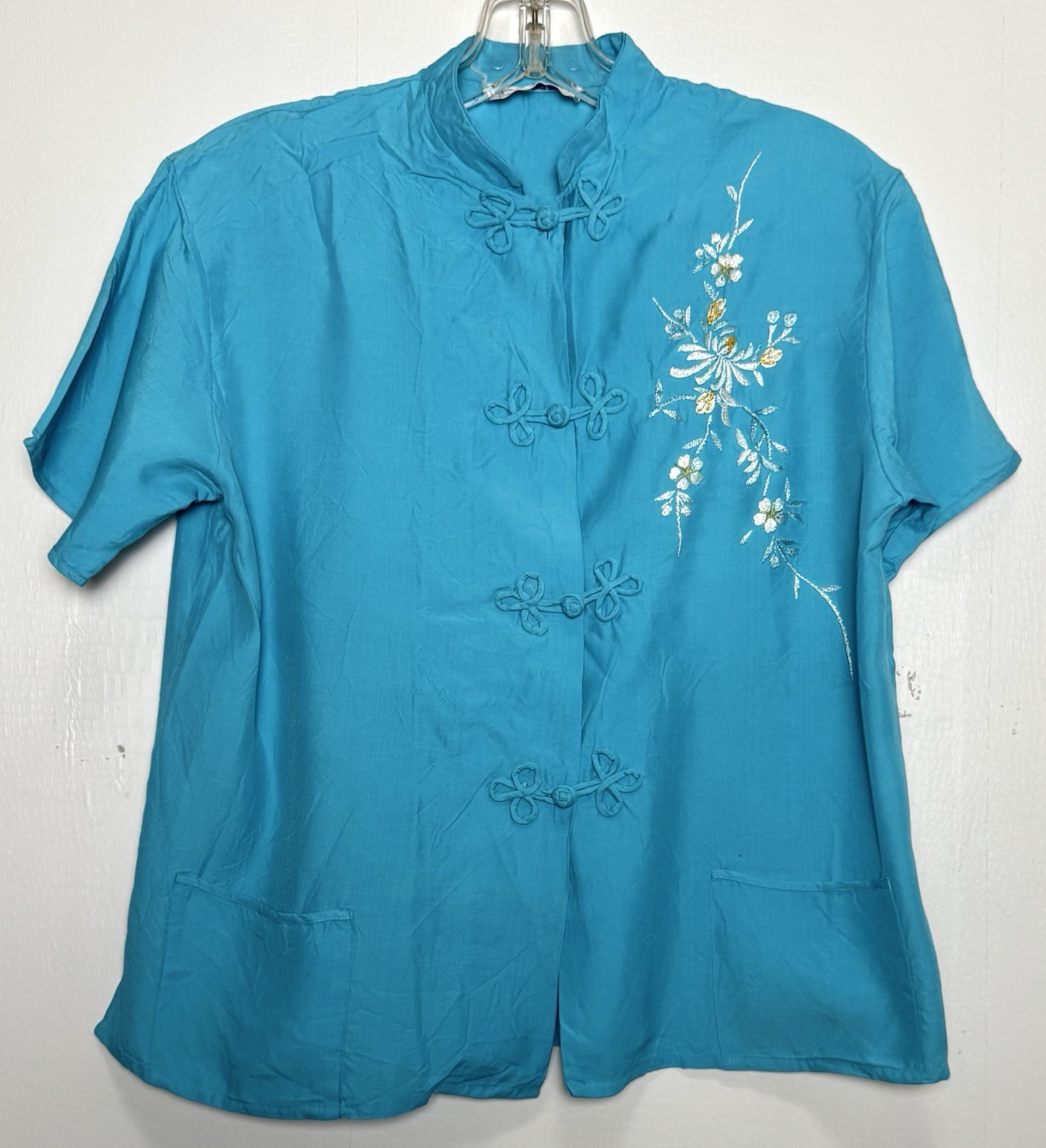 Vtg 80s Turquoise Mandarin Top M Floral Embroidered Frog Closure Rayon Japan