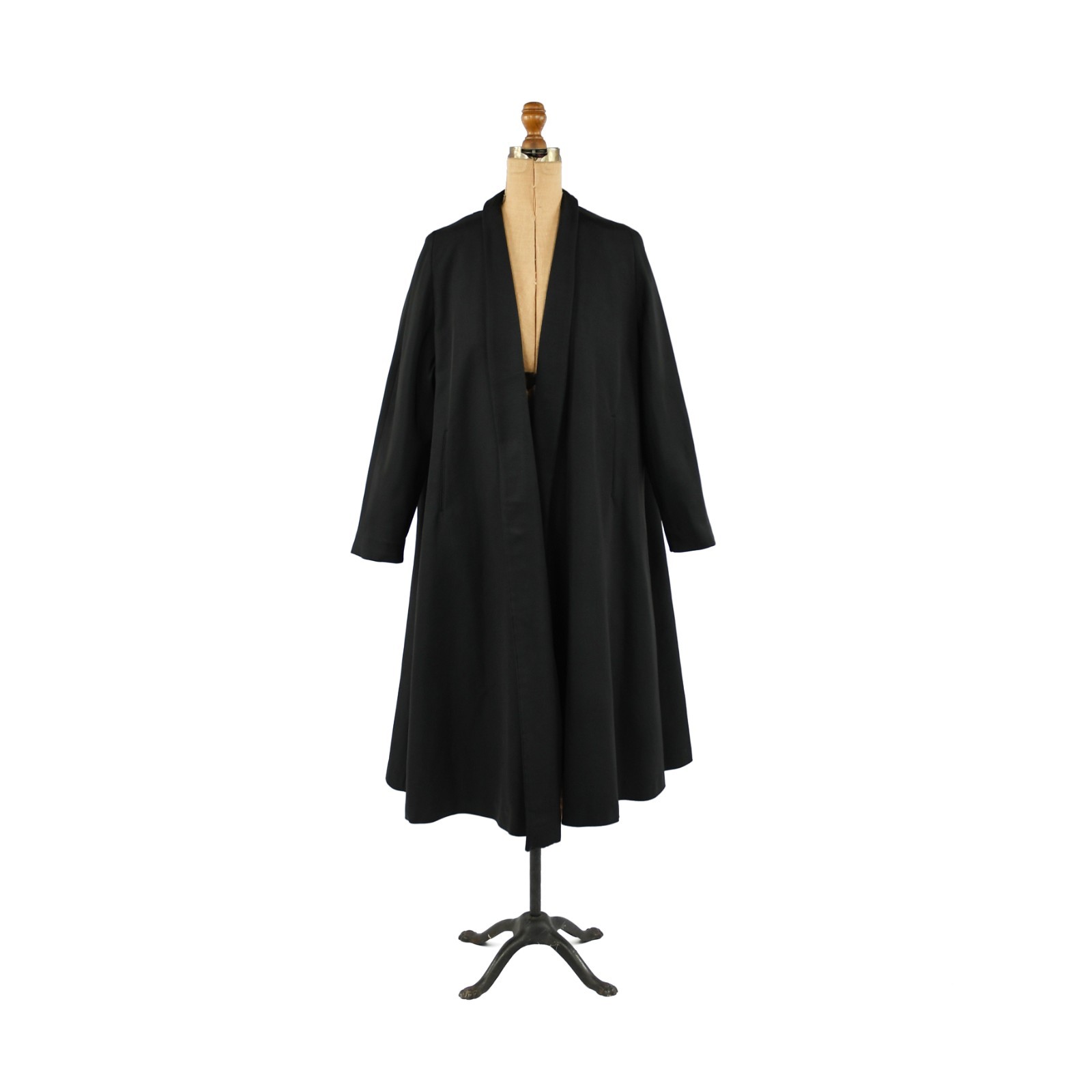 Vintage 40s Black Gabardine Open Front Shawl Collar A Line Art Deco Swing Coat
