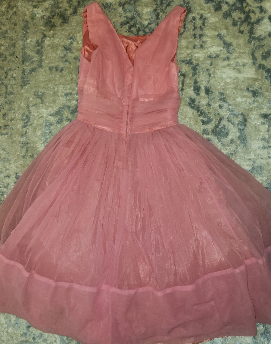 Vintage 1950s True Pink Party Dress Tea Length Chiffon ILGWU Full Skirt