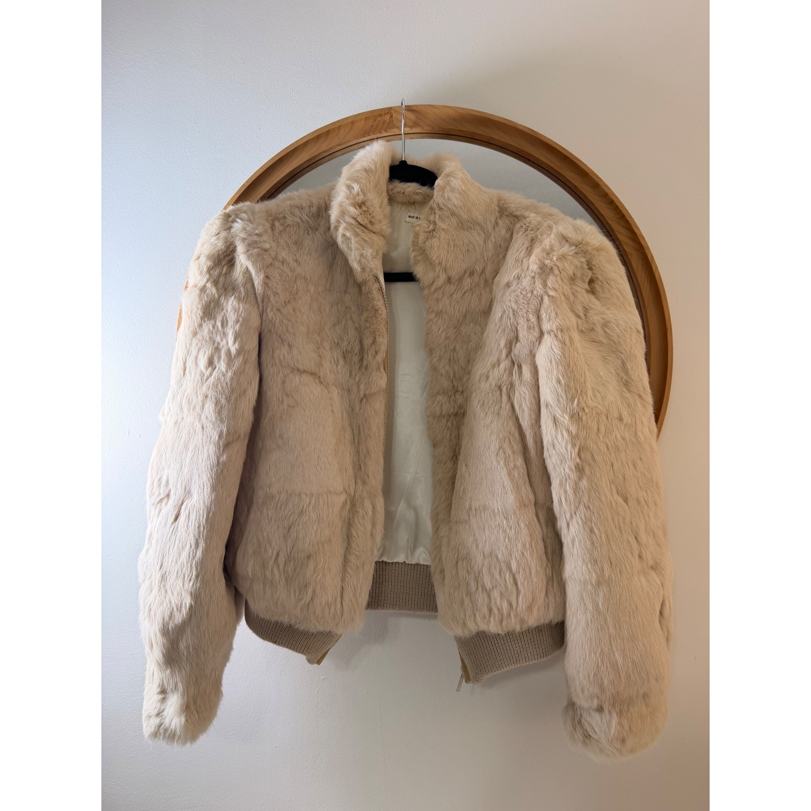 Vintage Rabbit Fur Bomber Jacket Womens Small Cream Beige Excellent Zip Up Glam