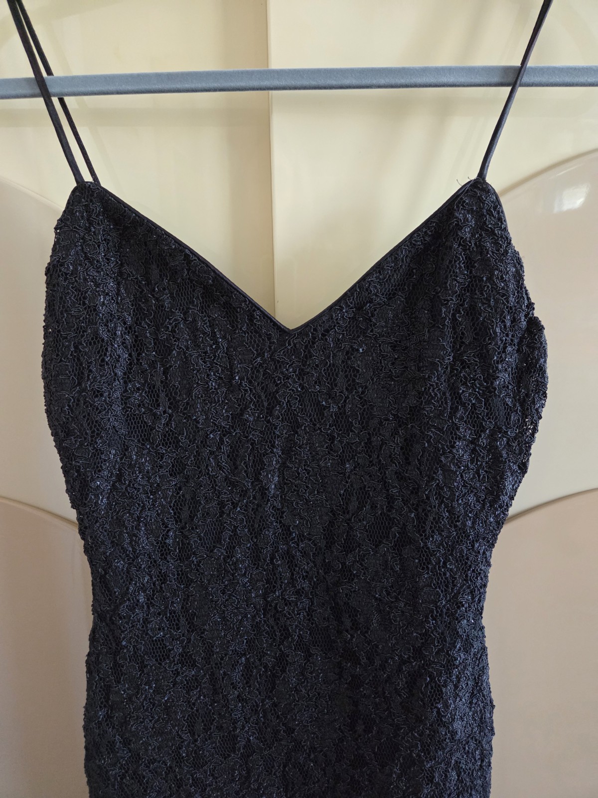 Vintage L.A. Glo Black Lace Maxi Dress Slip Spaghetti Strap Side Slit USA XS/S