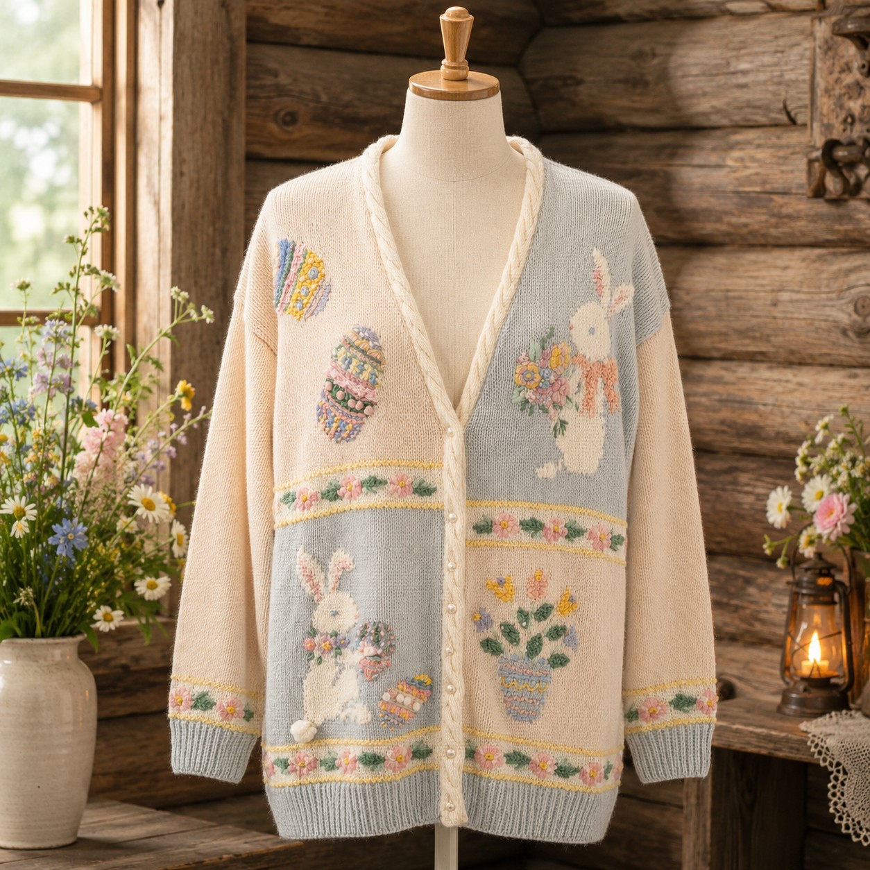 Vintage 90s Marisa Christina XL Sweater Hand Knit Cardigan Easter Bunny
