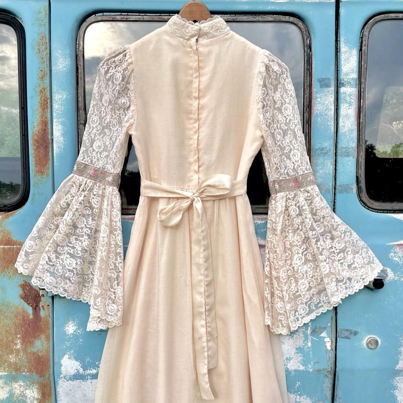 70s Candi Jones california lace maxi gown w/ bell cuffs