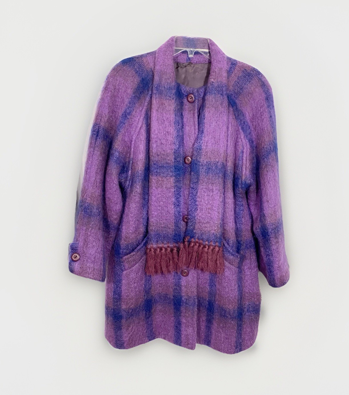 90s Donegal Design Mohair Wool Plaid Scarf Collar Coat Ireland Made VTG Large