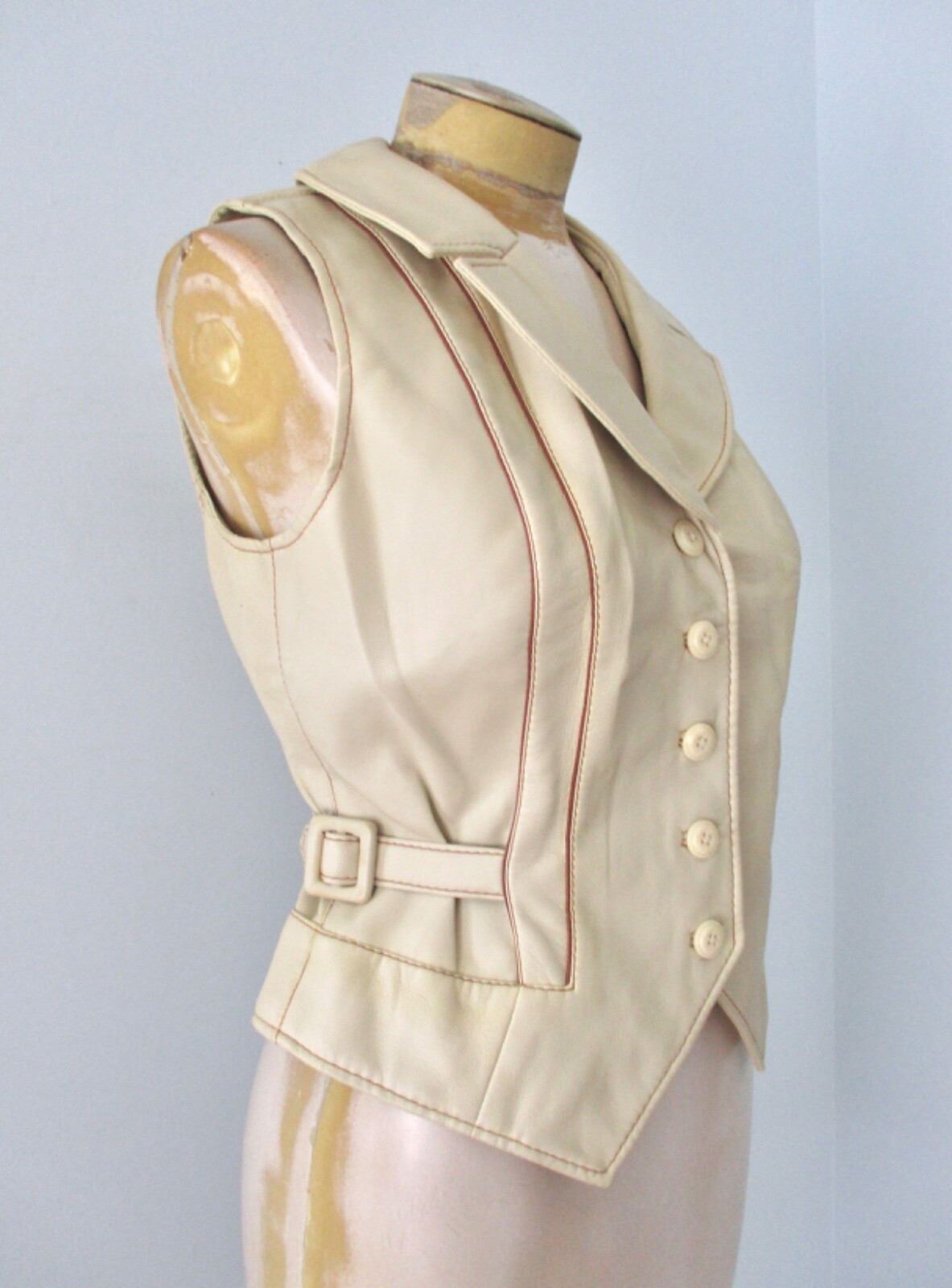 Vtg 70s 80s Beige Pleather Faux Leather Disco Vest Side Buckle Belts Washable 12