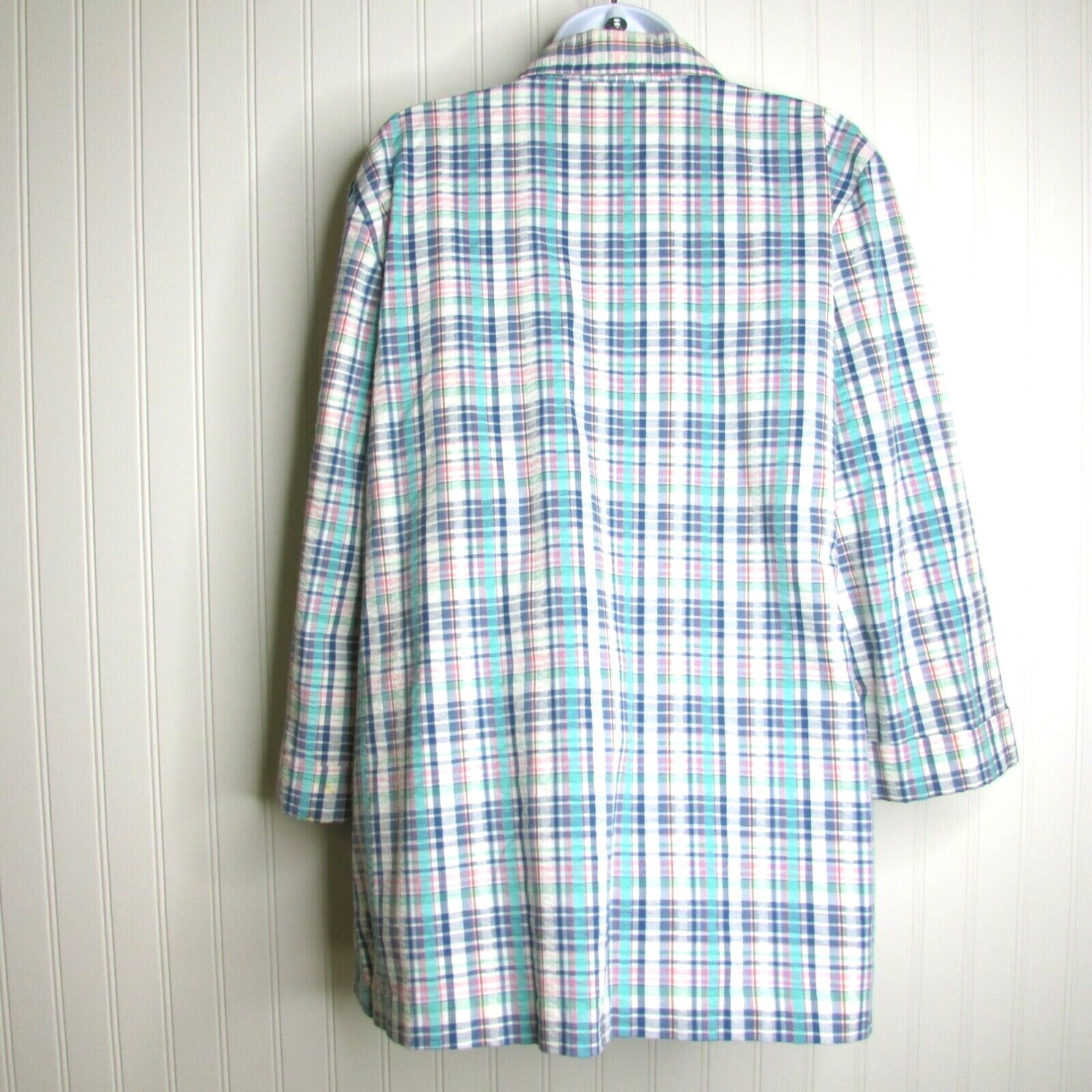 Vintage Blue Plaid Seersucker Jacket Blazer Size 14 Coastal Pockets Open Front