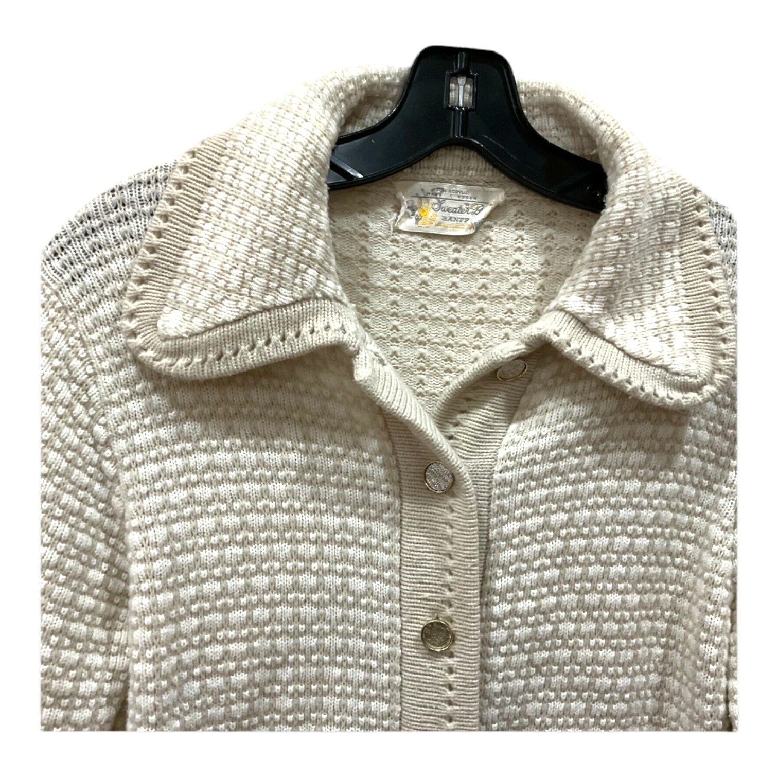 Bee by BANFF beige Sweater Cardigan Ivory knit button up sweater SZ S pocket vtg