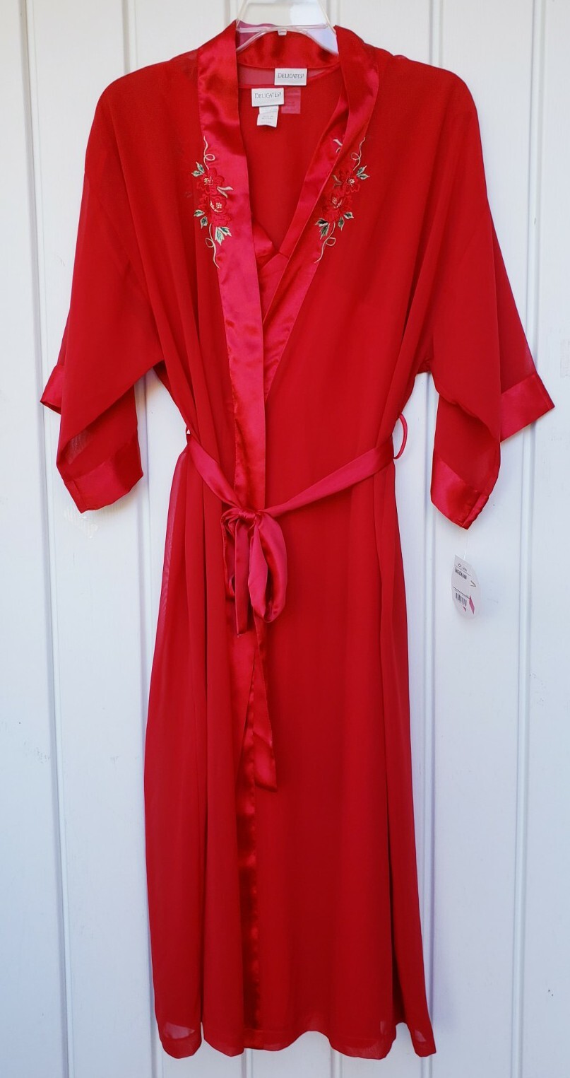 Vintage JCPenney Delicates Red Satin Floral Robe Set Size Medium NEW Fem