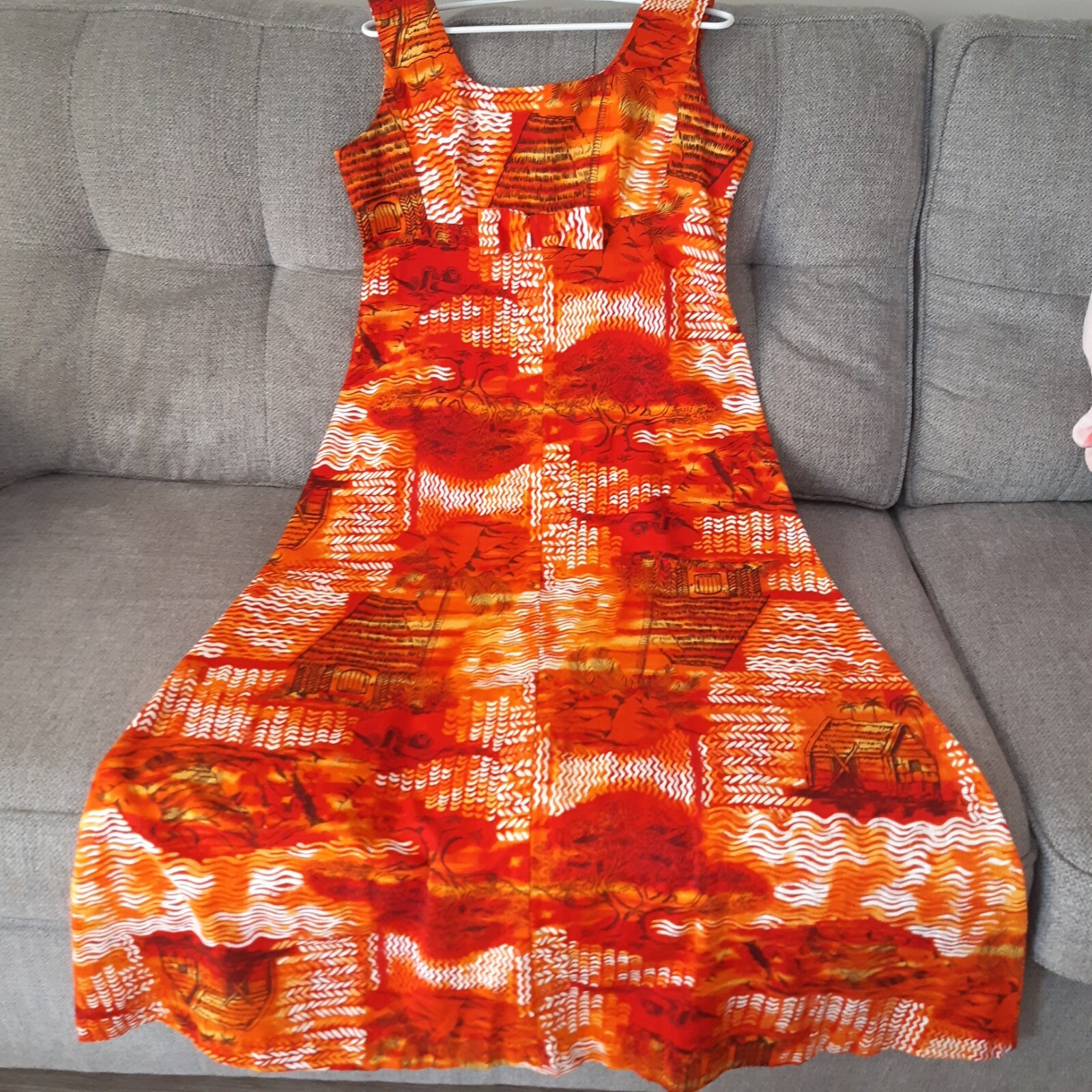 Sz 14 Stunning Vintage Orange Hukilau Fashions Barkcloth Hawaiian Dress w/Bow