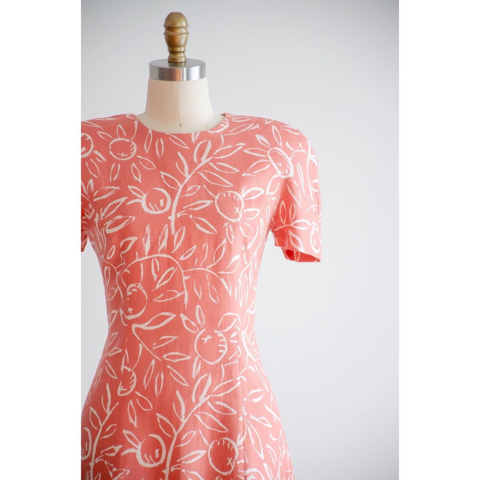 pink linen dress 80s vintage orange terra cotta fruit pattern mini dress
