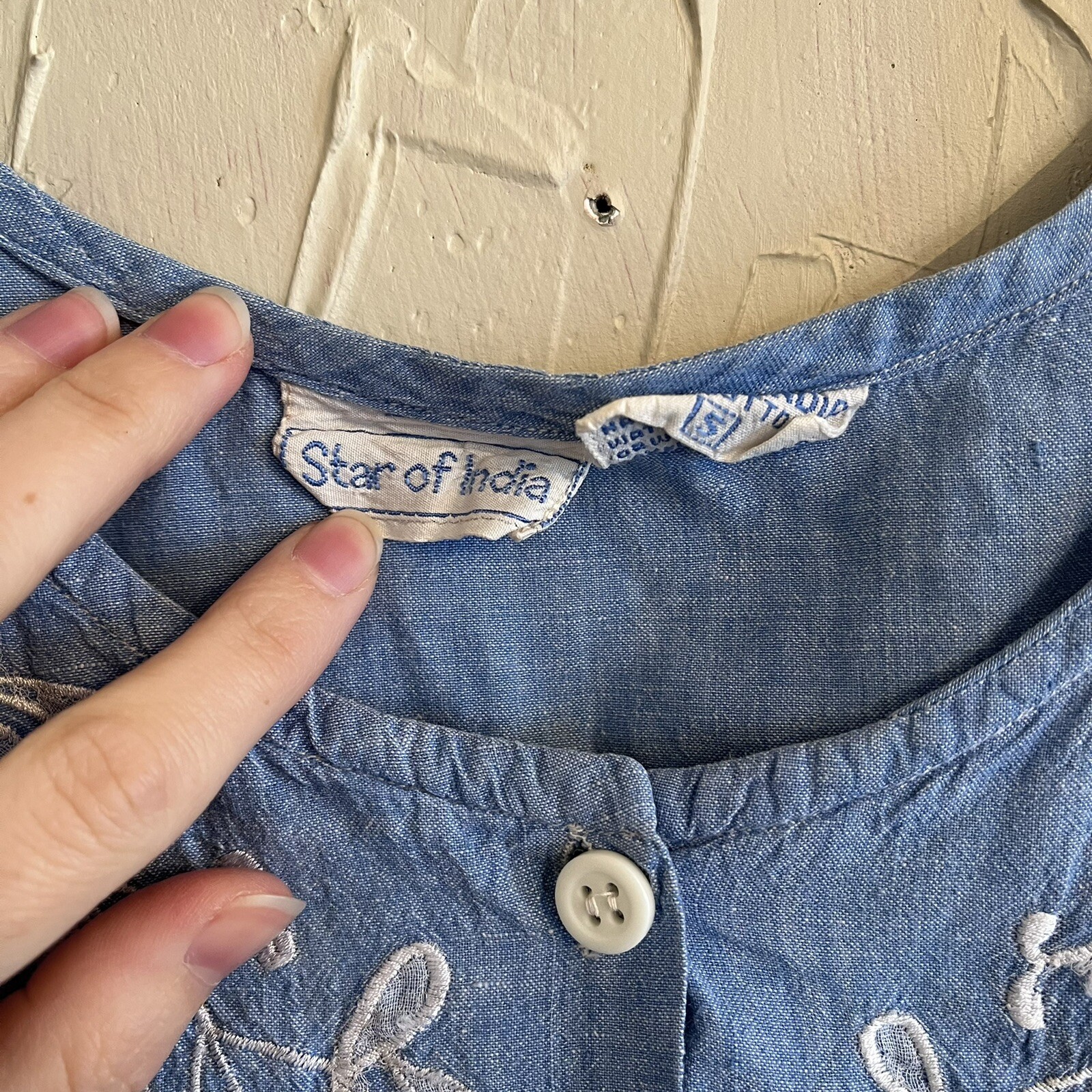 Vintage Star Of India Denim Chambray Embroidered Peasant Top Small 70s 80s